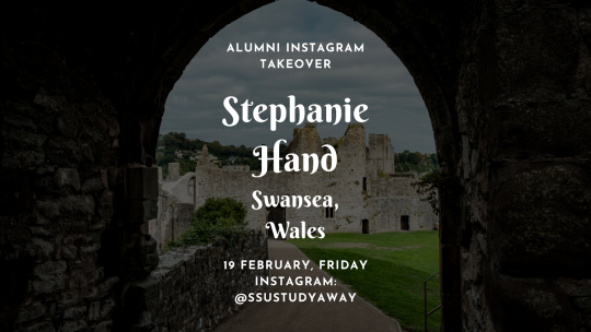 A view of castle ruins from under a stone arch with info for an Alumni Instagram takeover