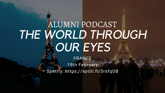 Two side by side photos of the Eiffel Tower, left is at dusk, right is at night with info on an Alumni podcast