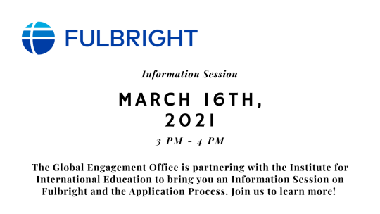 Plain white background poster for a Fulbright info session on March 16, 2021