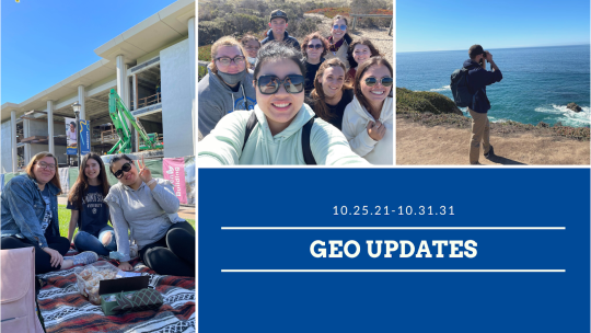 Photos include: three people sitting on a lawn; a group of people hiking near the ocean; someone taking a picture of the ocean; text reads "GEO Updates 10/25-31/21"