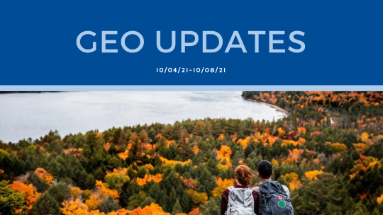 Top half is a navy blue banner which reads "GEO Updates 10/4-10/8; bottom half is a photo of two people overlooking autumn colored trees