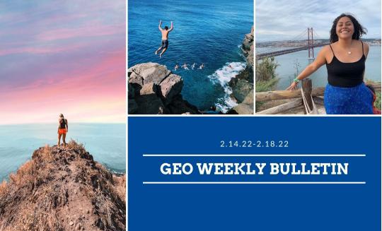 Images of students abroad, on cliff, jumping into ocean, in front of bridge