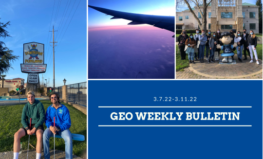 GEO weekly bulletin with images of students an airplane