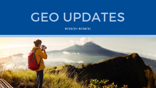 Bottom half is a photo of a person taking a photo of a mountain range from the top of another mountain; top half says "GEO Updates"