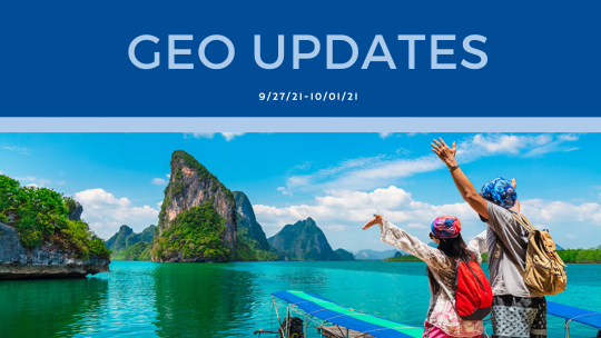 Top half says "GEO Updates" on a dark blue banner, bottom half is a photo of two people looking over tropical waters