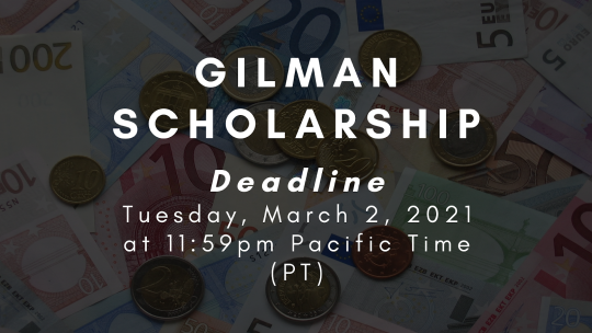 A photo of European currency (cash and coin) spread out with info on the Gilman Scholarship deadline in March