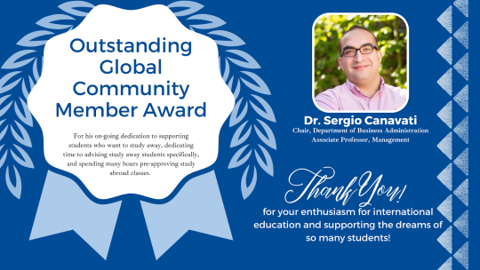 Dark blue background with white accents, left is a award badge drawing, right is a picture of Dr. Canavati and his description