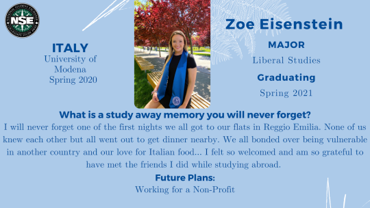 Light blue background with white accents, info on Zoe Eisenstein, her photo, and where she studied away