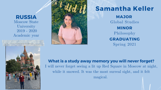 Light blue background with white accents, info on Samantha Keller, her photo, and where she studied away