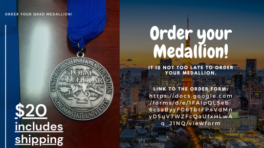 Left image shows the Global Scholar medallion, left image is of a city at dusk, text is info on how to order the medallion