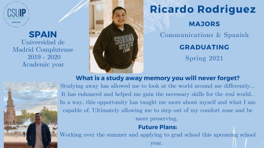 Light blue background with white accents, info on Ricardo Rodriguez, his photo, and where he studied away