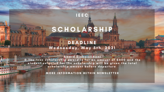 Background photo of a German city, with info on the May 5th deadline for the IEEC Scholarhsip