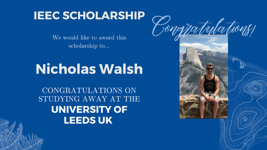 Dark blue background with white accents, on the right a photo of Nicholas Walsh, on the left info of where he will study away