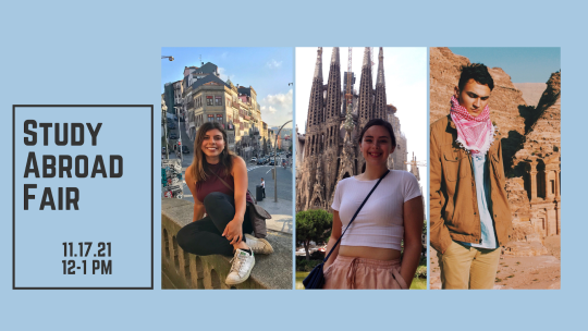 Background is light blue; images of three students studying away; text reads "Study Abroad Fair 11.17.21 12-1 PM"