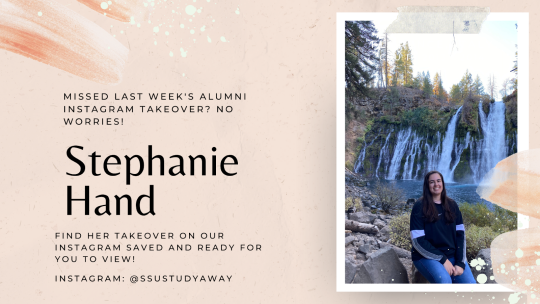 Pale pink background with info on Stephanie's takeover on Instagram with a photo of her sitting in front of a waterfall