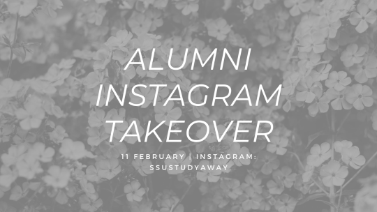 A gray photo of flowers or a bush with the info for the Feb '21 alumni Instagram takeover