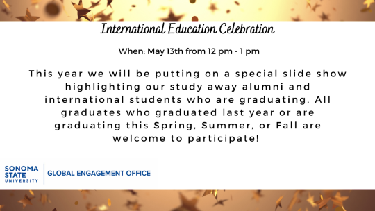 Background is gold star confetti floating with a white bar holding the text relating to the International Education Celebration