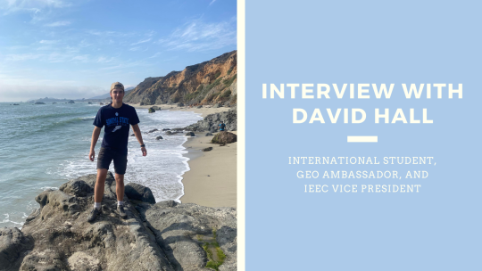 Left is a photo of David Hall standing near the ocean with an SSU t-shirt on; right says "Interview with David Hall"