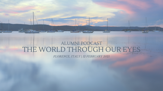 A pastel photo overlooking a harbor from the water with the info to the podcast (Feb 12, 2021)
