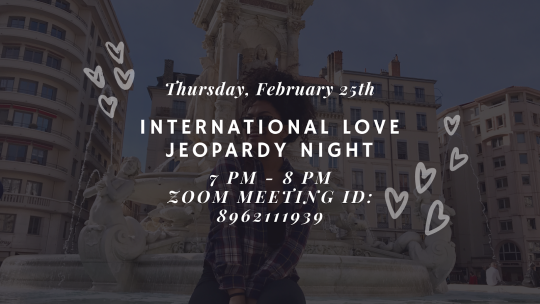 A female sitting infront of a fountain with watermarked drawn hearts and info on Jeopardy night