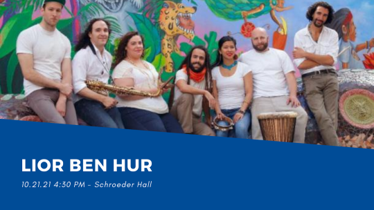 Backgound image is of a group of people all in white tops, some holding instruments, standing in front of a mural of a jungle; it reads "Lior Ben Hur 10.21.21"