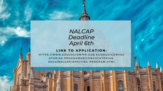 Photo looking up at a curch with bright blue sky and wispy clouds, with info on the NALCAP April 6th deadline