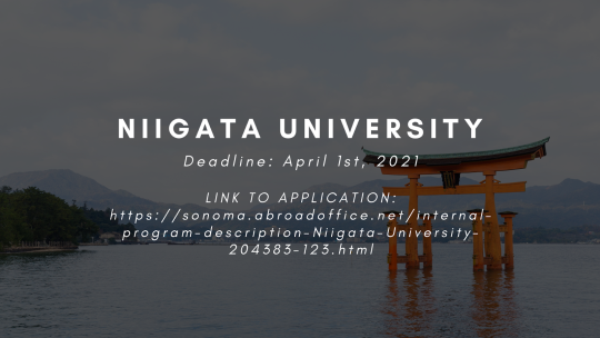 A photo of a Torii sitting in a body of water in Japan with mountains in the far back with info on the Niigata Univeristy deadline