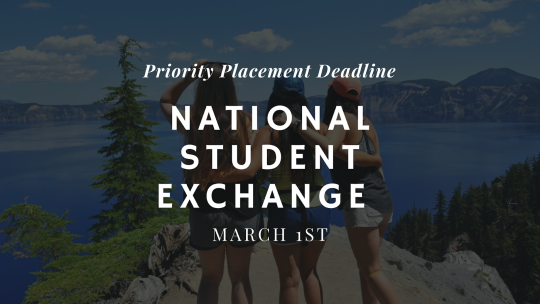 Three girls standing along a cliff looking out to a lake with info on NSE's March deadline