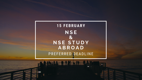 A photo of a pier at sunset with a reminder for the NSE preferred deadline (Feb 15)