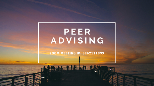 Background is a photo of people at the end of a pier at sunset; writing reads "Peer Advising Zoom meeting ID: 8962111939"