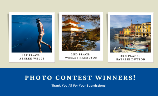 Three photos from contest: girl snorkeling, image of Japanese building and lake, European building and boats in bay
