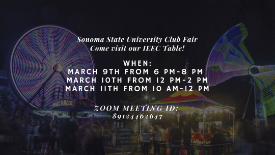 A photo of colorful carnival rides and games during nighttime with info on SSU's 2021 Club Fair