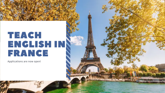 Background image is of the Eiffel Tower and Seine River with autumn-colored trees; it reads "Teach Enlgish in France"