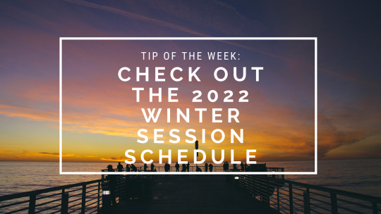 Background photo is of people standing at the end of a pier during dusk; it reads "Check out the 2022 Winter session schedule"