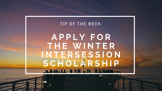 Background photo is of people standing at the end of a pier during dusk; it reads "Tip of the week: Apply for the Winter Intersession scholarship"
