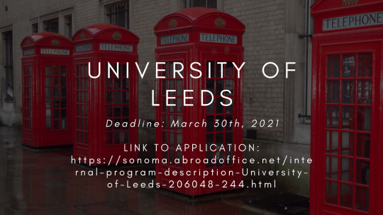 A photo of four red British telephone boxes lined up on a sidewalk with info on the deadline for the Univeristy of Leeds
